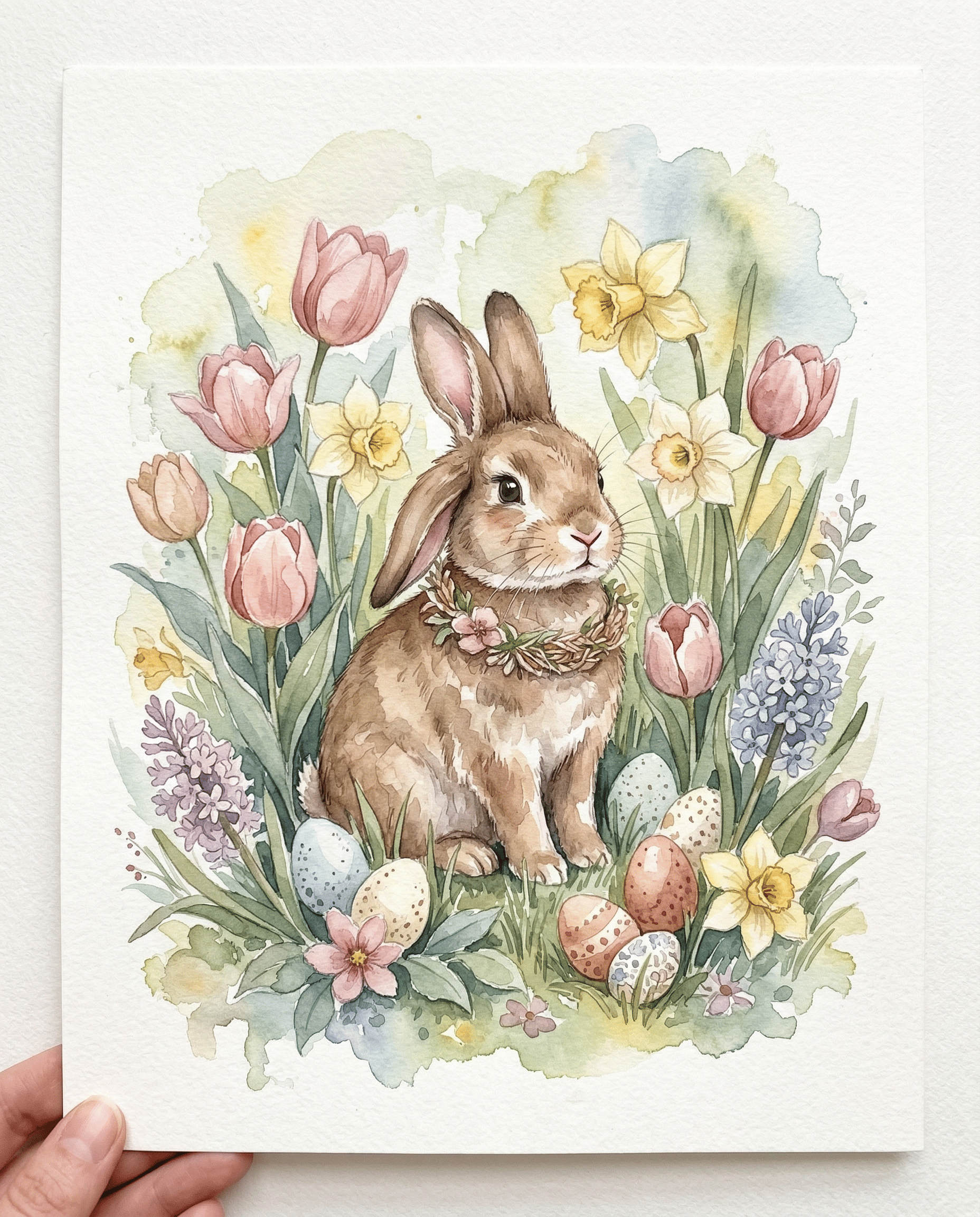 Watercolor Easter bunny blooming flowers spring botanical