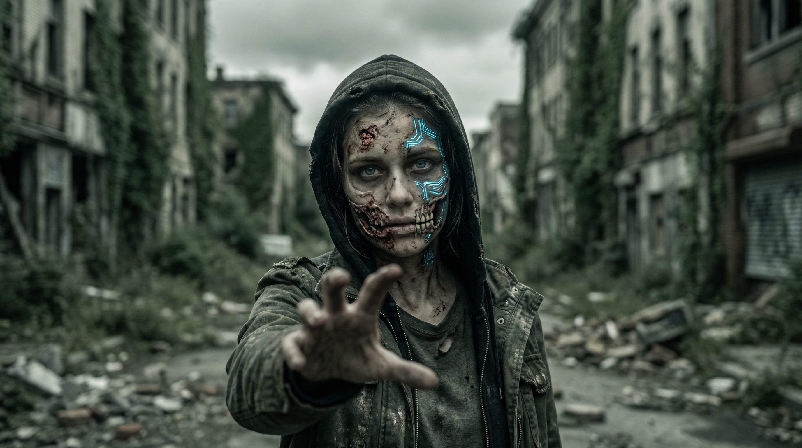 fille zombie IA chair en décomposition horreur post-apocalyptique