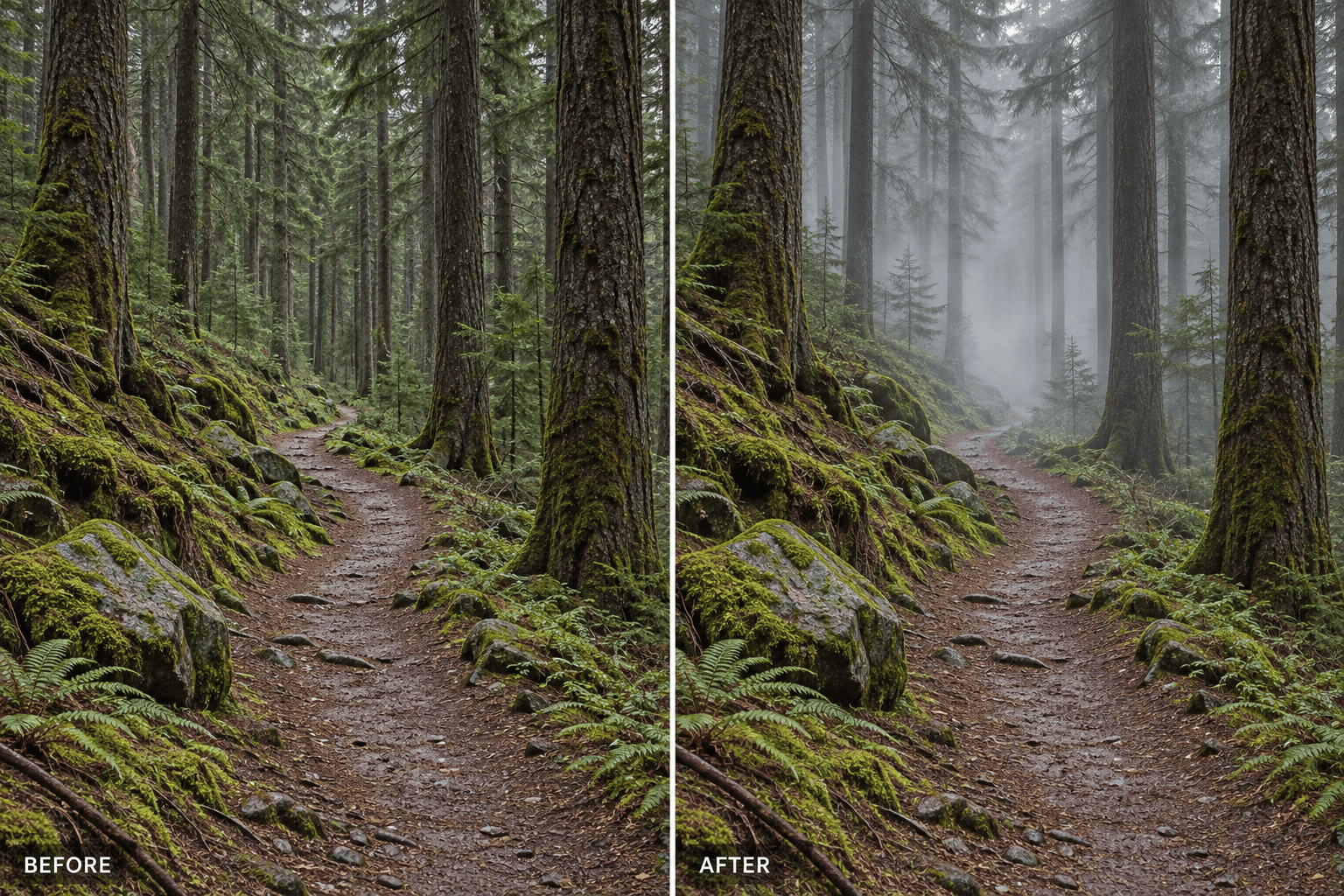 Before and after forest trail fog