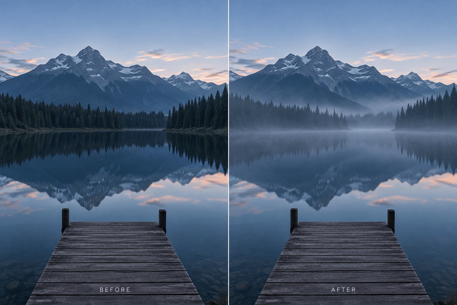 Before and after mountain lake mist