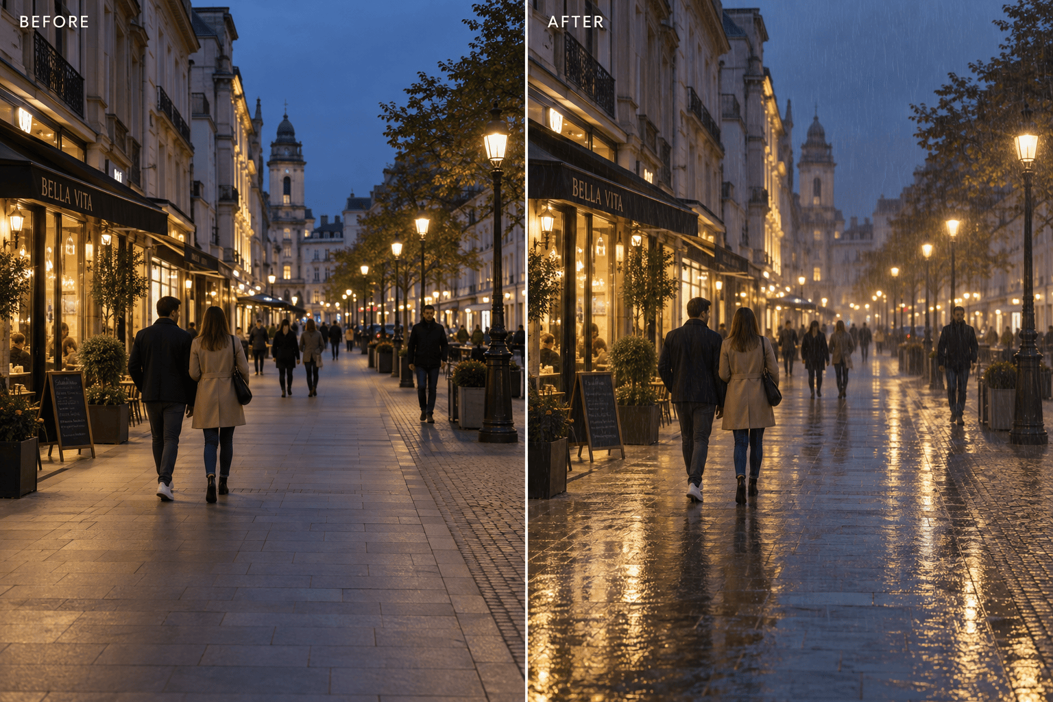 Rain effect on city street before after