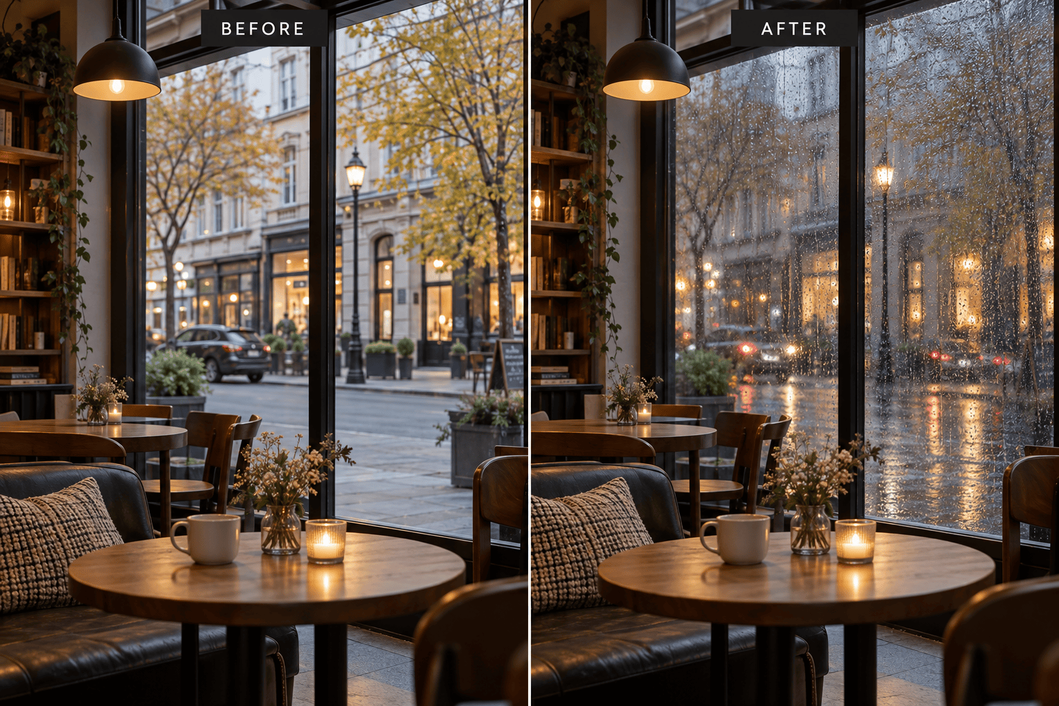 Rain effect on forest before after