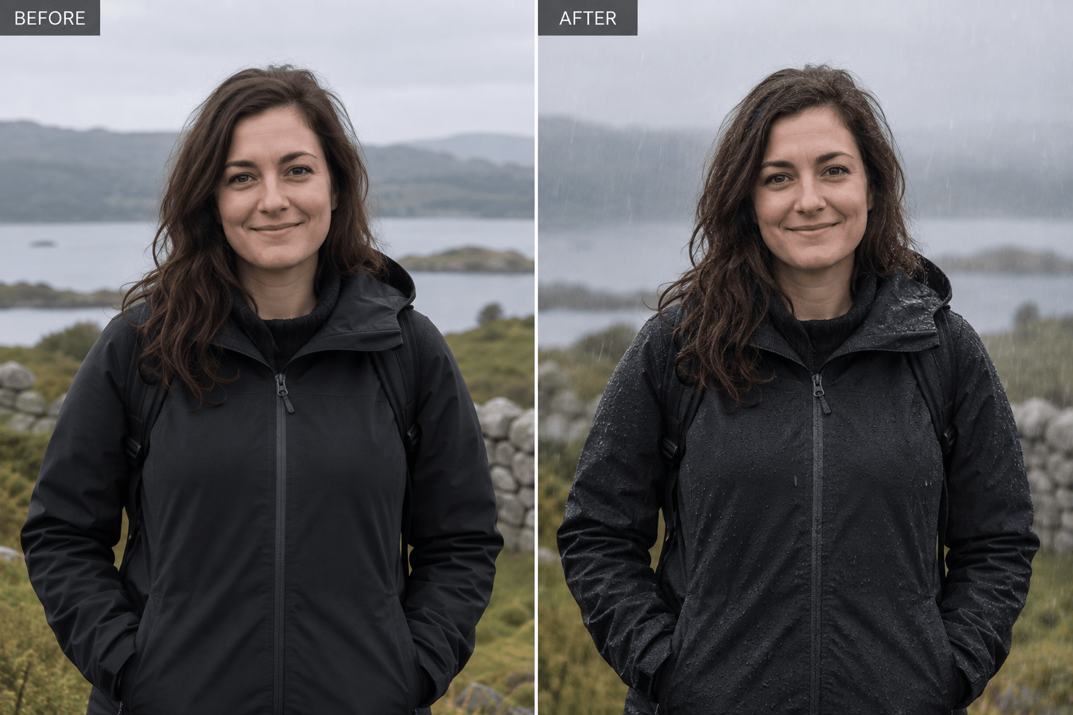 Rain effect on portrait before after