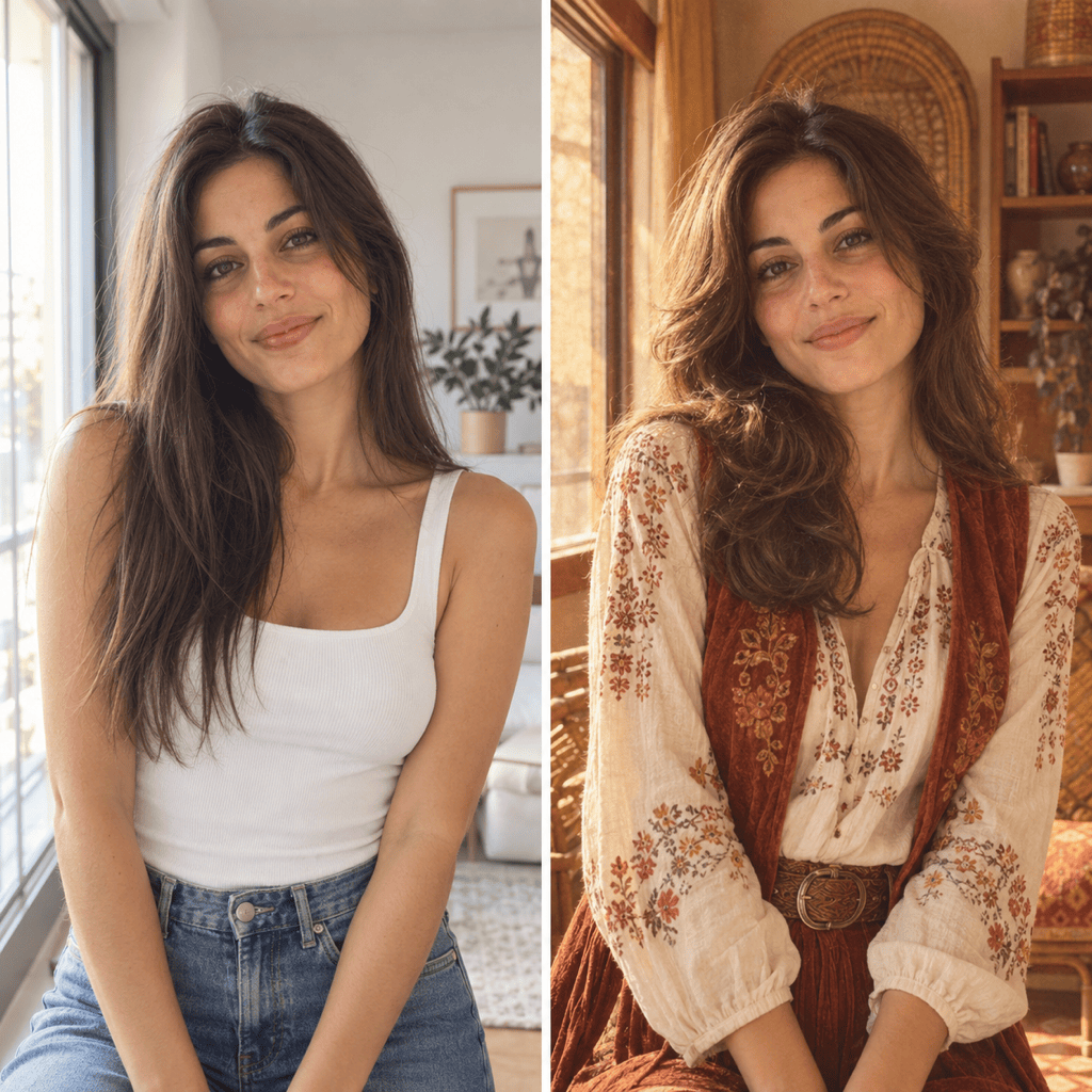 70s boho portrait before and after