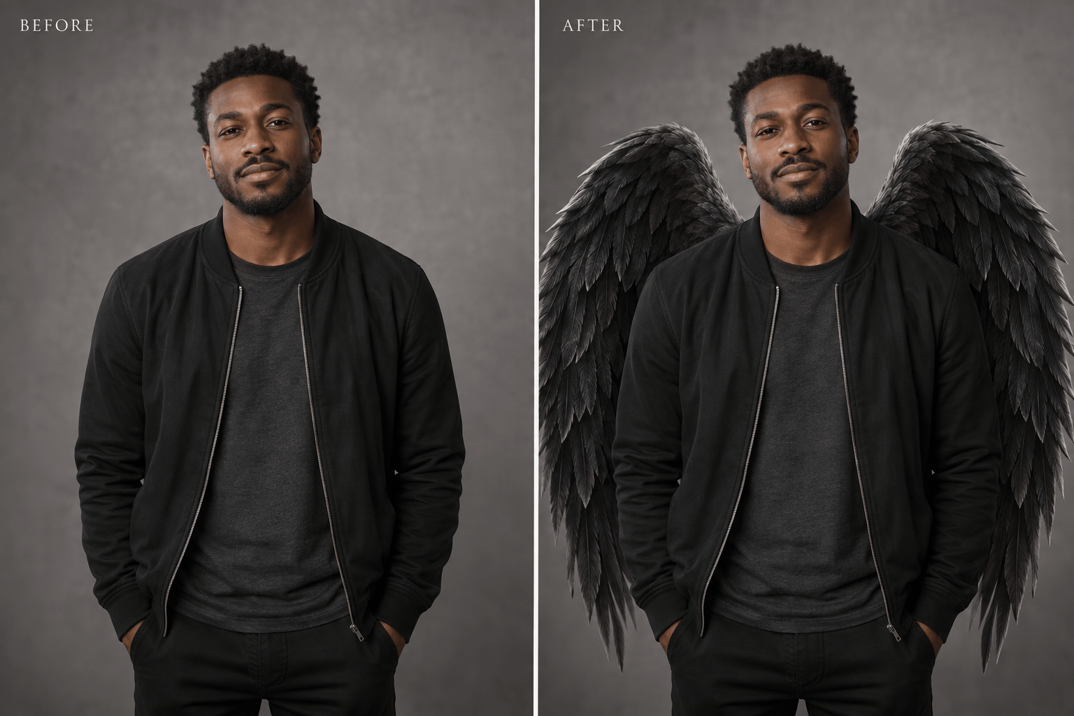 Black angel wings before and after