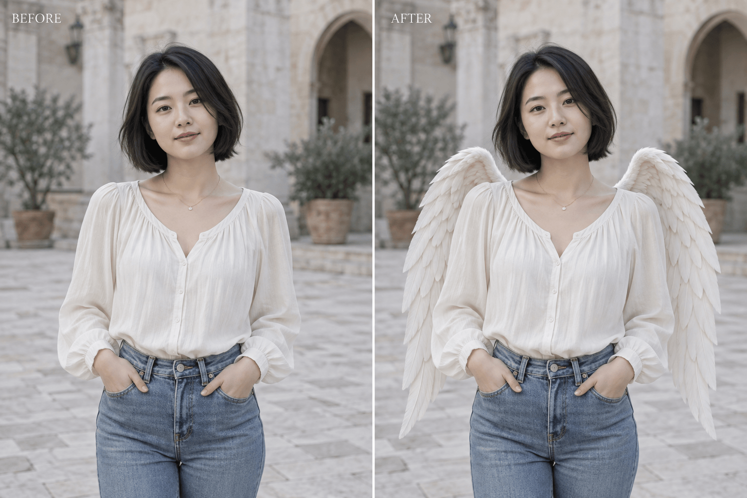 Portrait with angel wings before and after