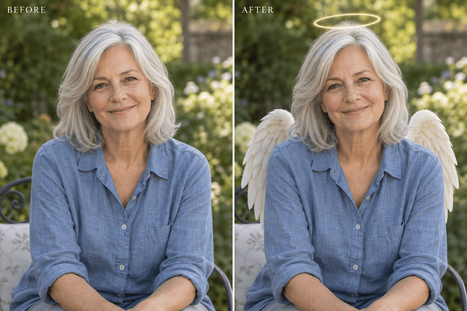 Angel wings and halo before and after