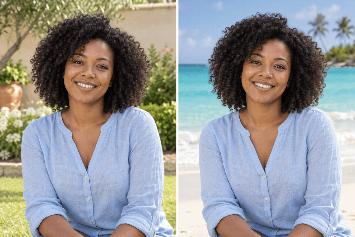 Tropical beach portrait before and after