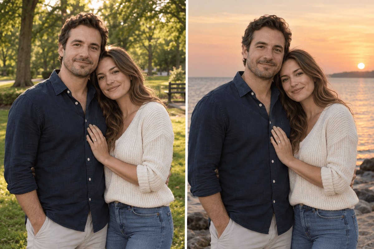 Sunset beach couple before and after
