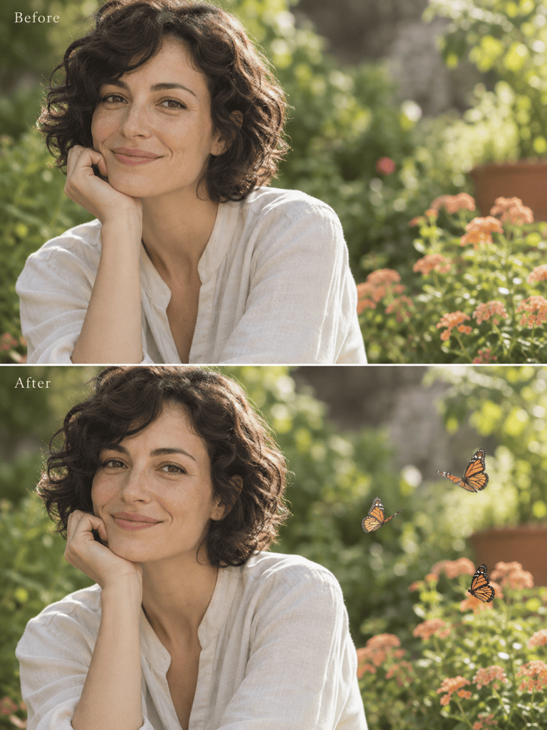 Portrait with added butterflies, before and after