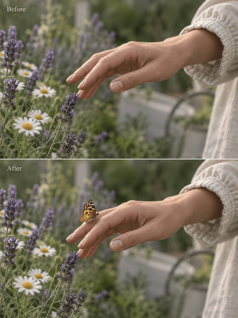 Butterfly on hand, before and after