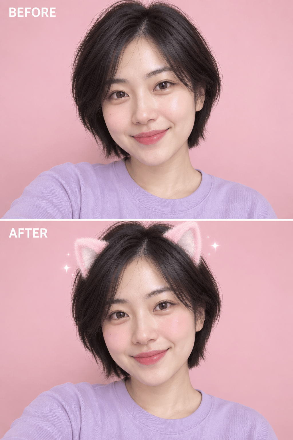 Kawaii cat ears filter before after