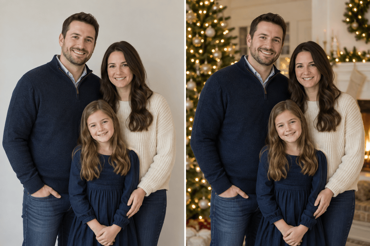 Family Christmas background before and after