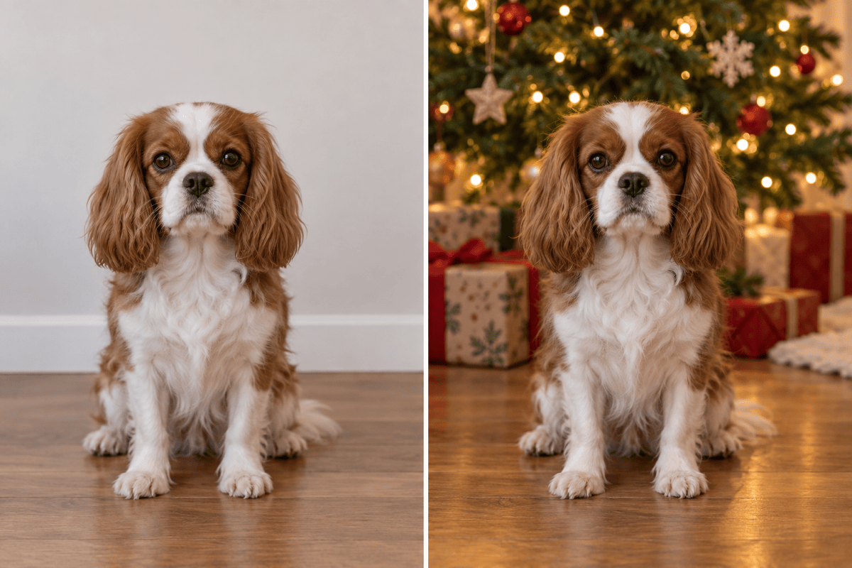 Pet Christmas background before and after