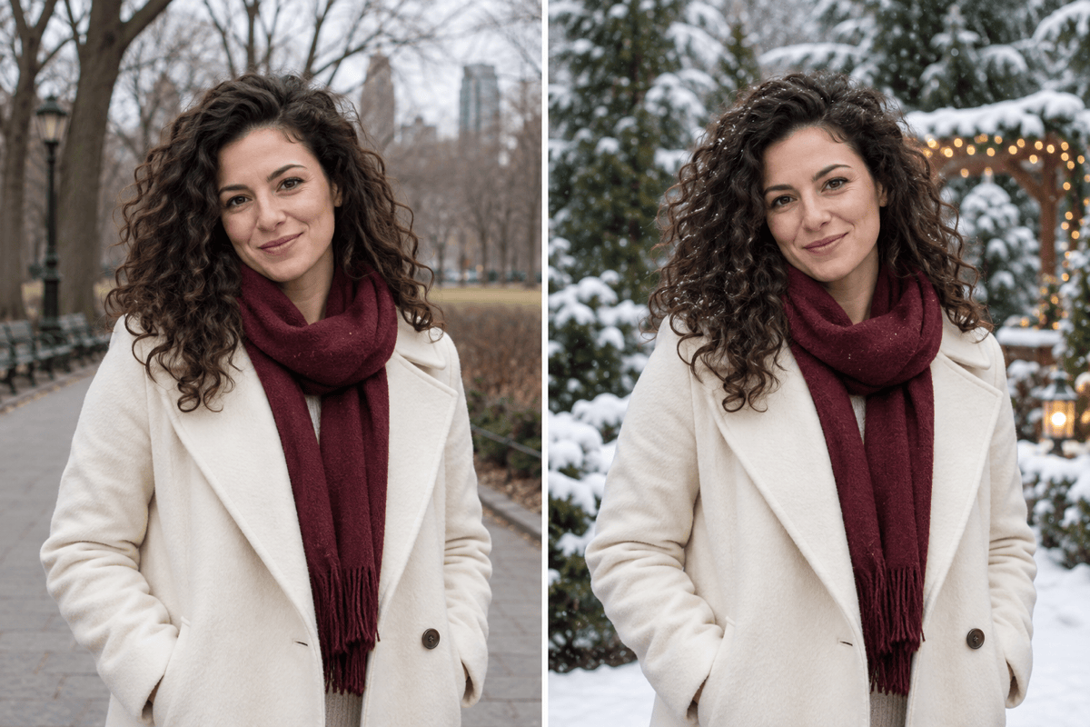 Snowy Christmas portrait before and after