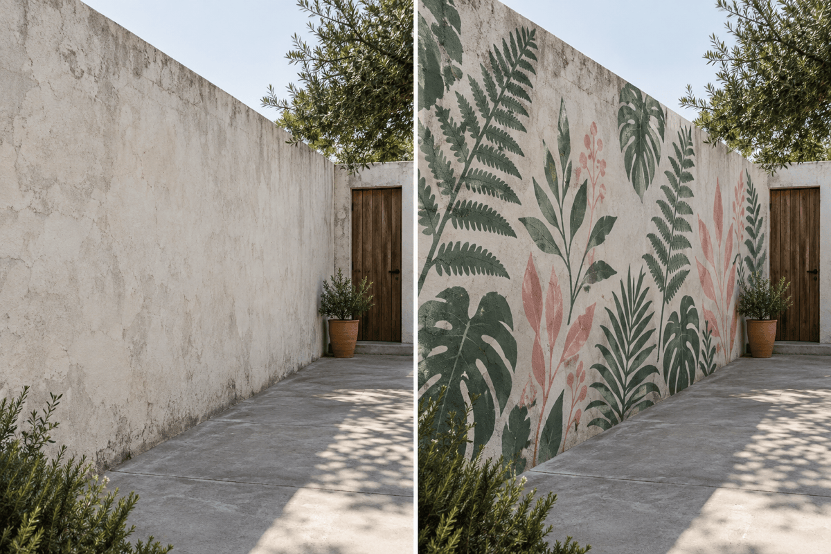 Angled wall stencil before and after