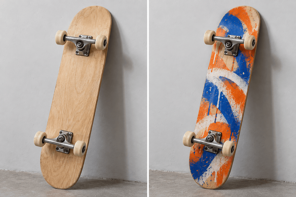 Graffiti skateboard design before and after