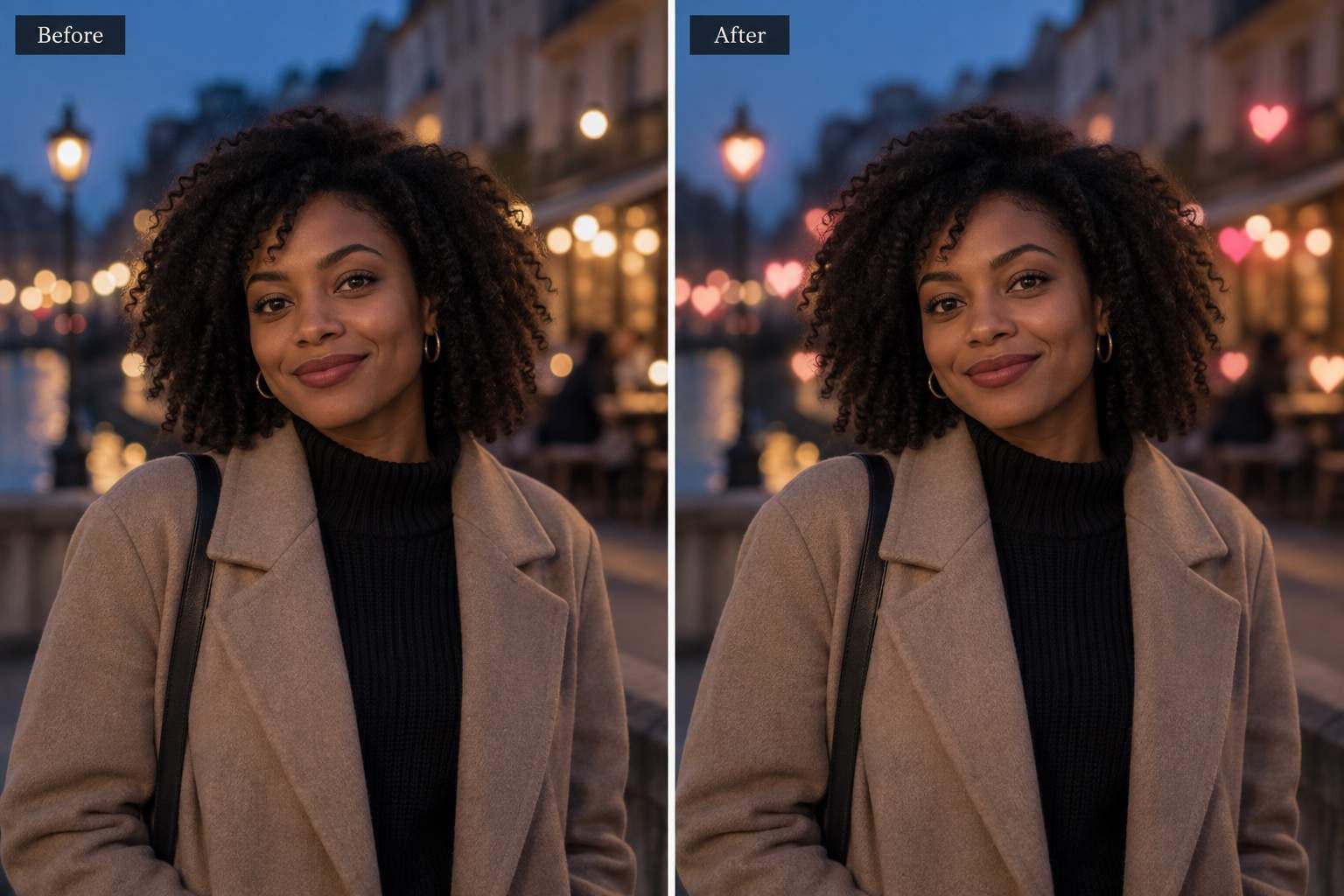 Heart bokeh added to evening portrait