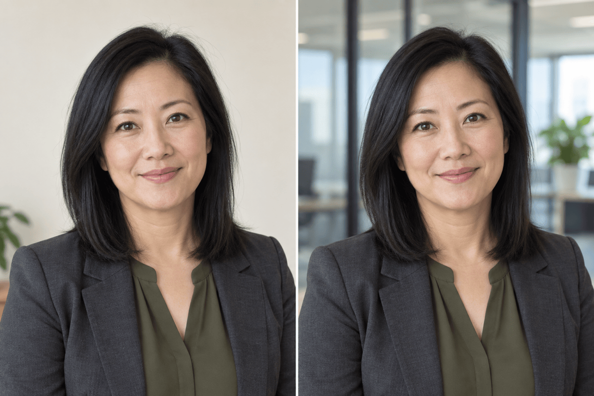 Office headshot background before and after