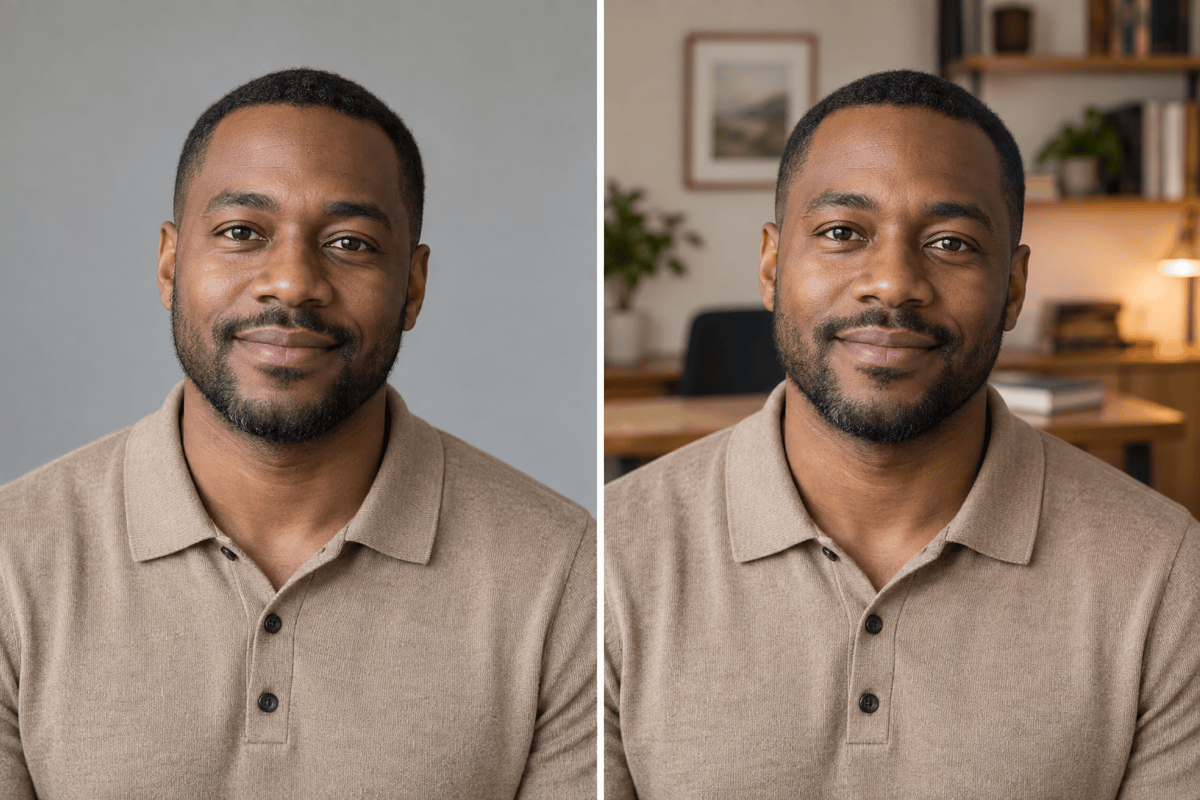 Home office portrait before and after