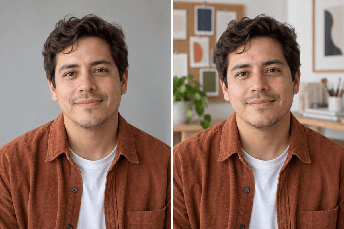 Creative workspace portrait before and after