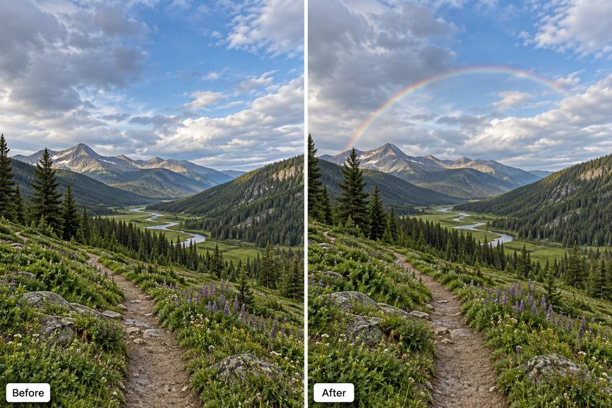Landscape rainbow before and after