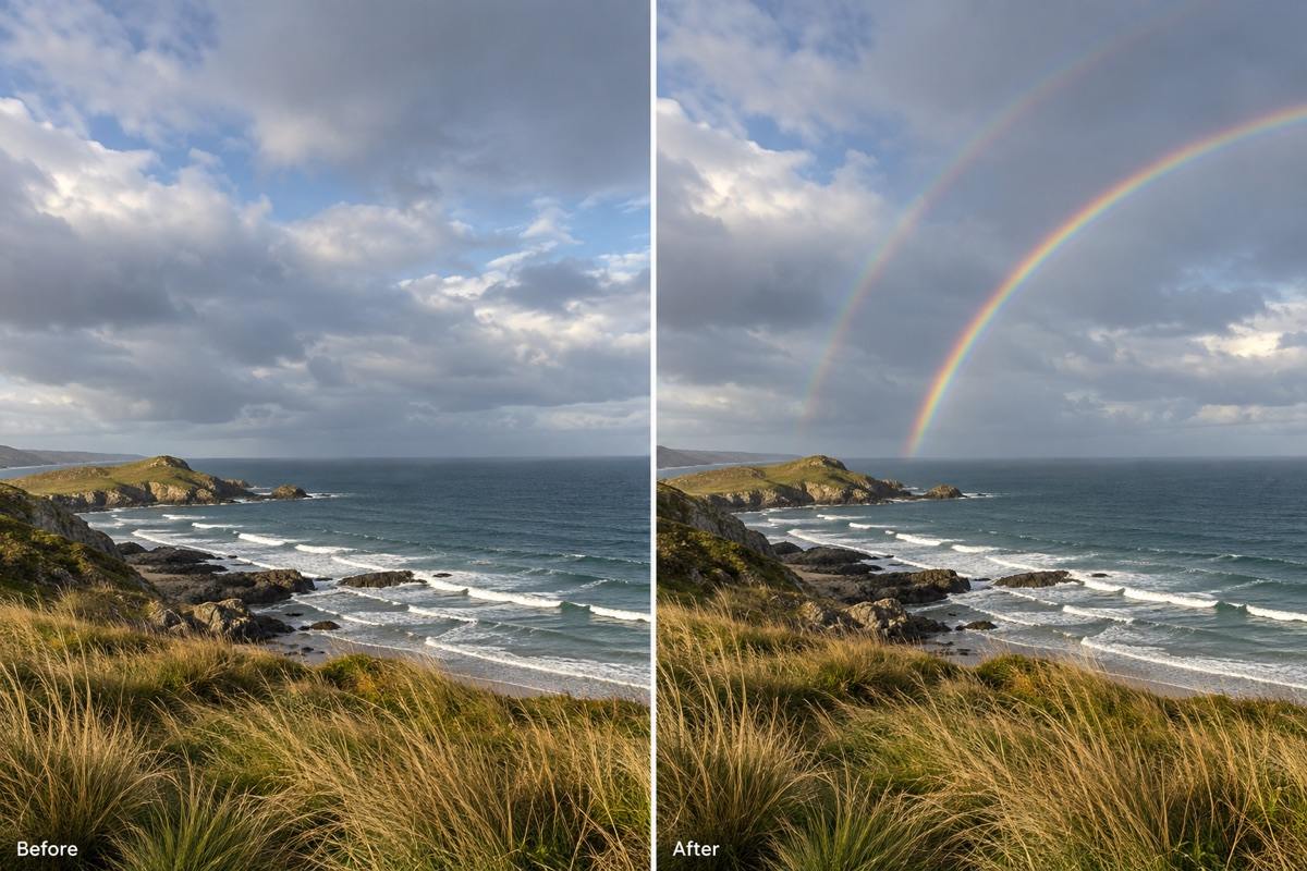 Double rainbow coastal photo comparison