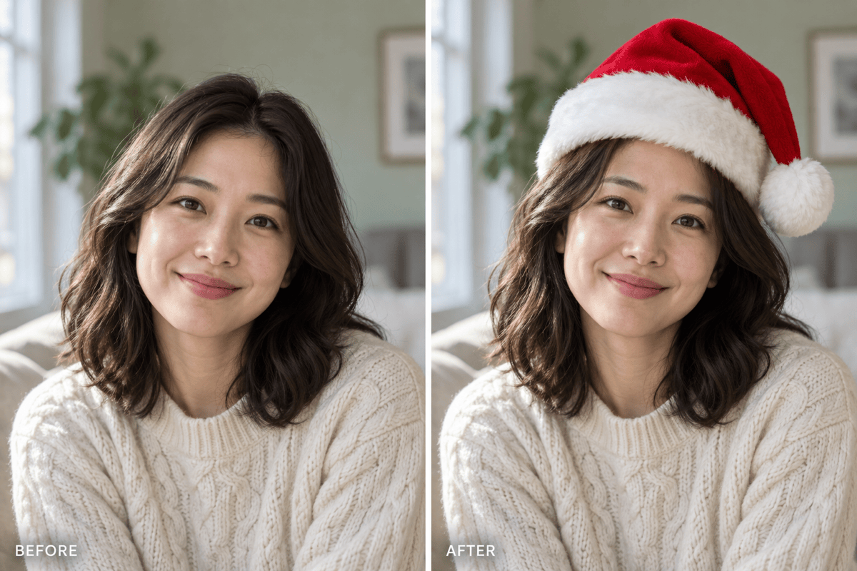 Santa hat portrait before and after