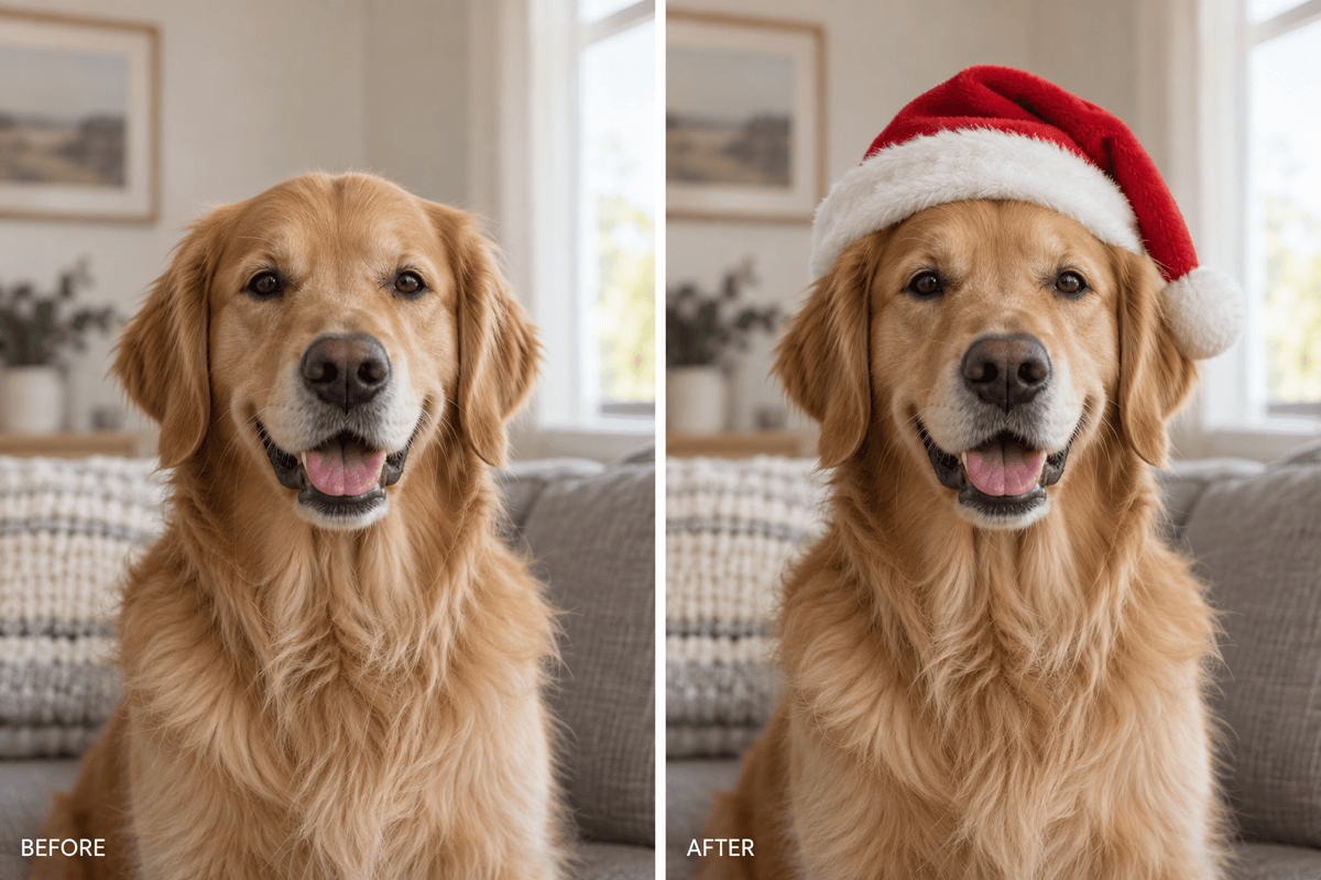 Dog Santa hat before and after