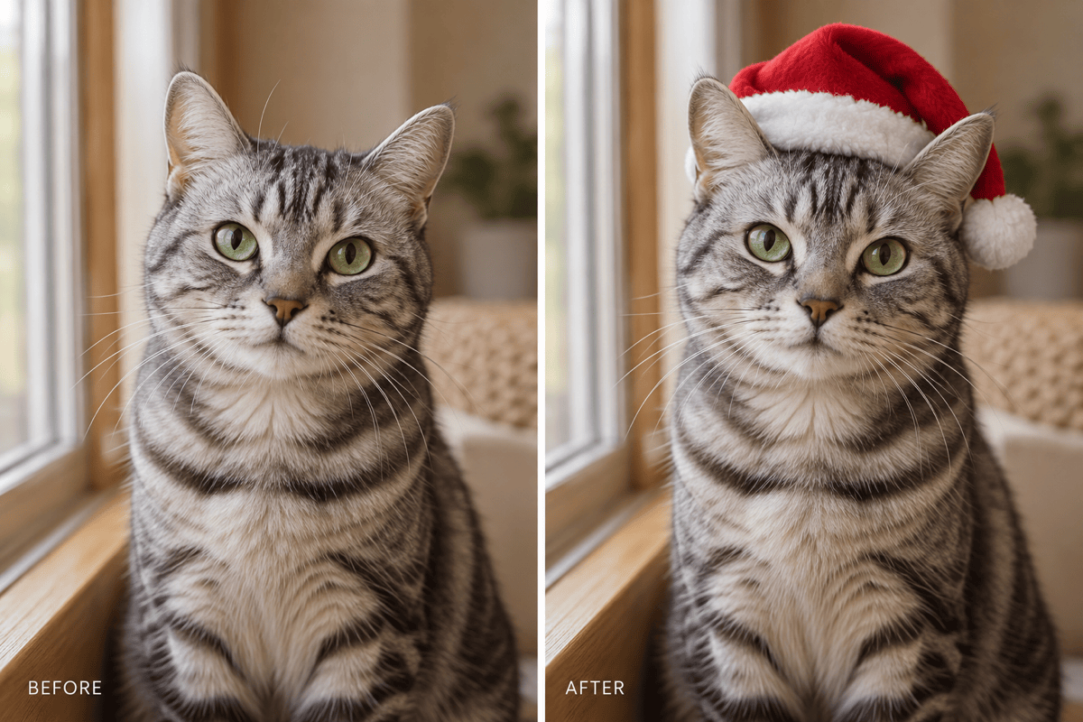 Cat Santa hat before and after