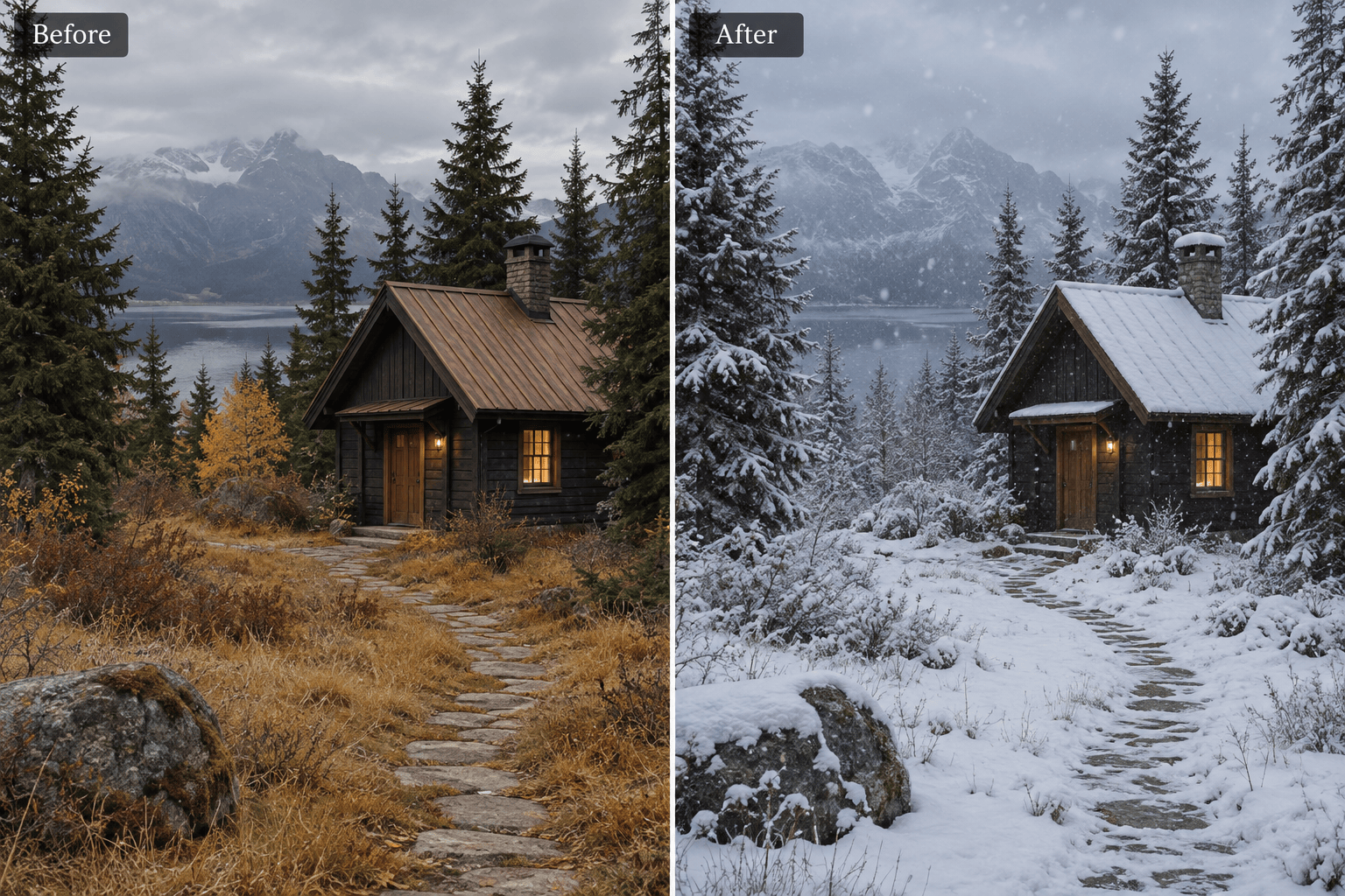 Cabin before and after snow accumulation