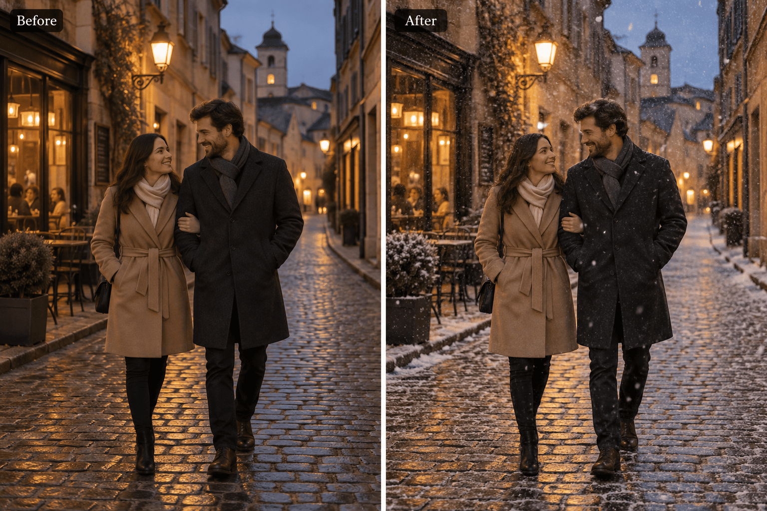 Couple before and after evening snowfall