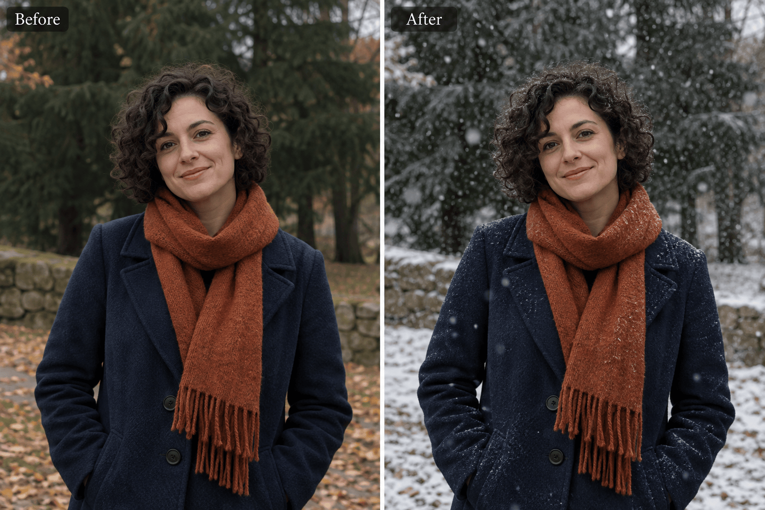 Portrait before and after soft snowfall