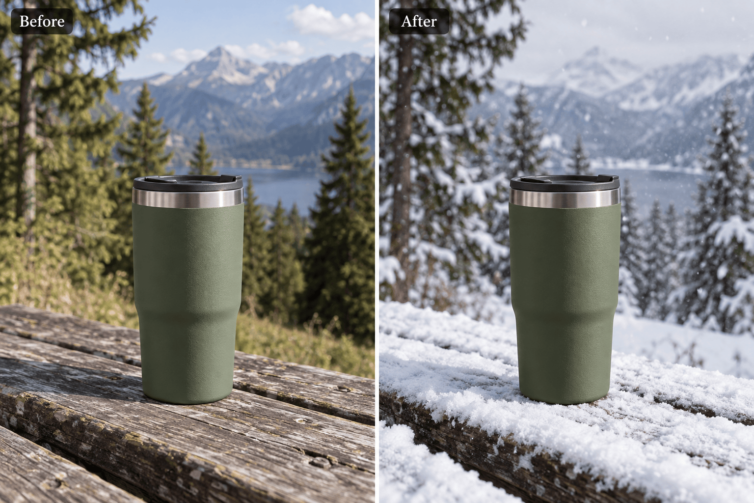 Product before and after snowy background