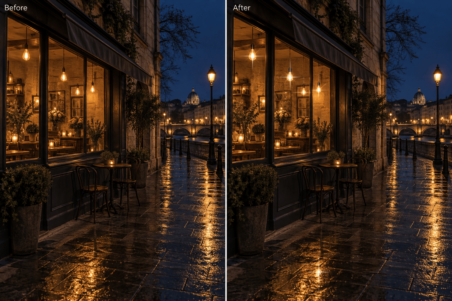 Night photo sparkle before and after