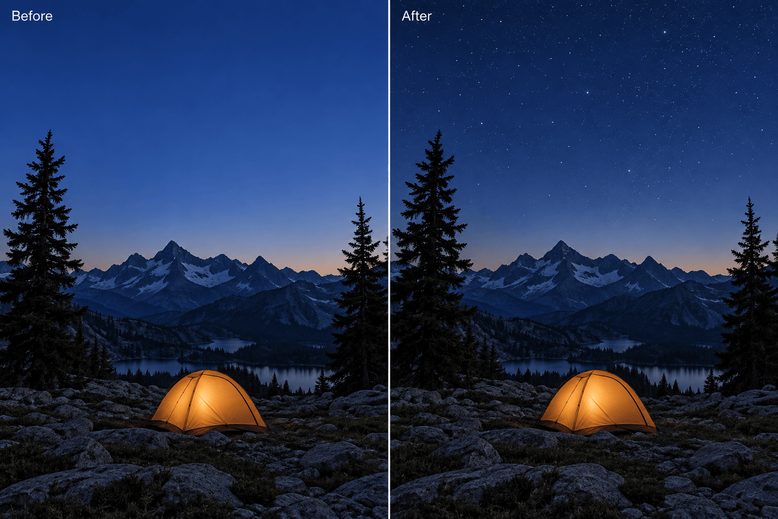 Mountain photo before and after added stars