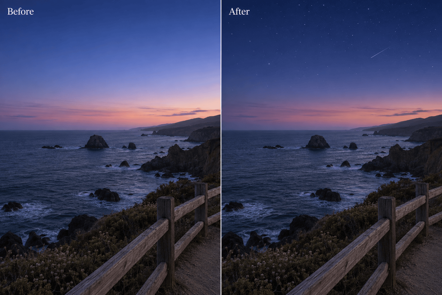 Coastal photo with added stars and meteor
