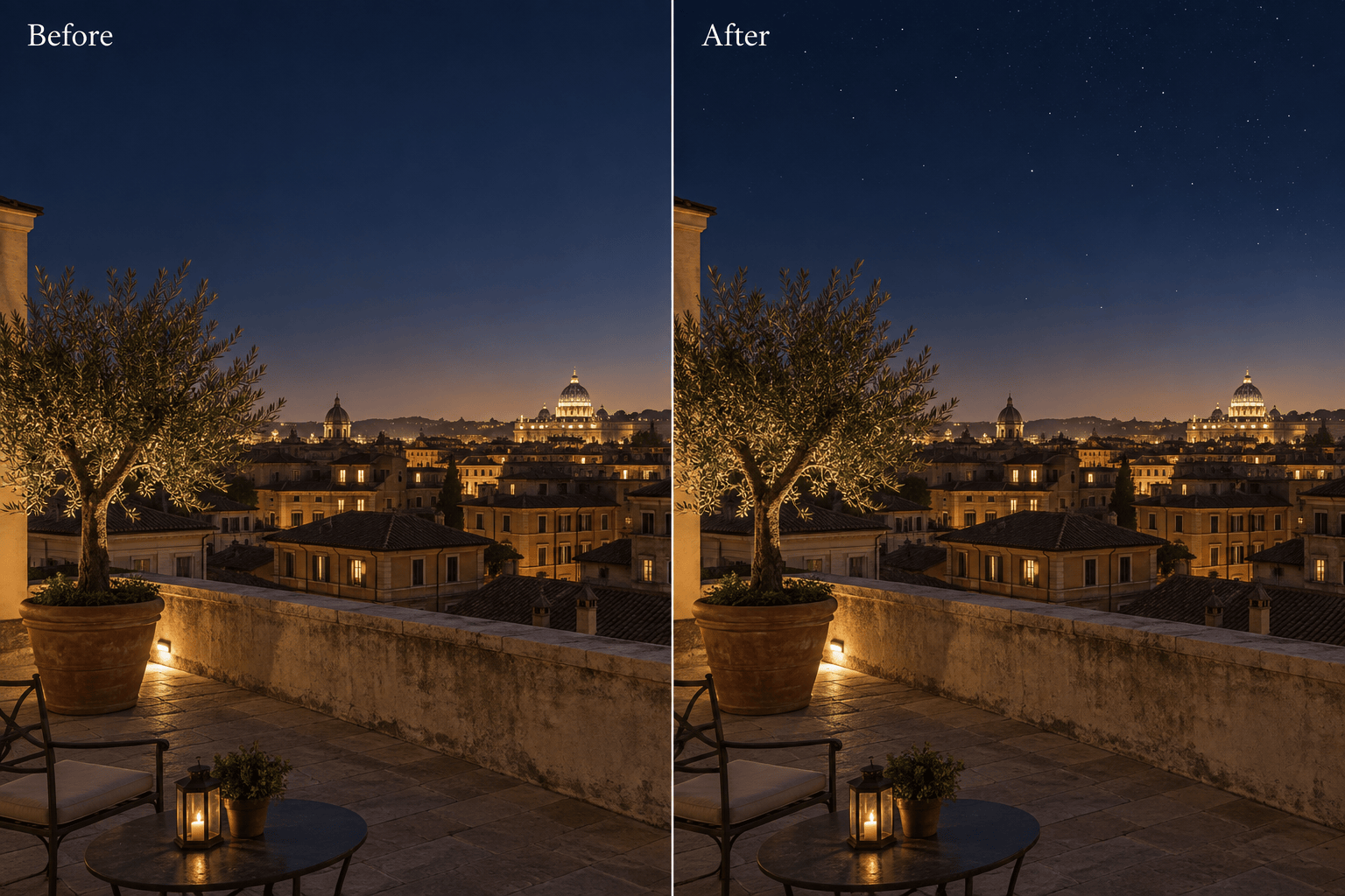 City photo before and after star editing