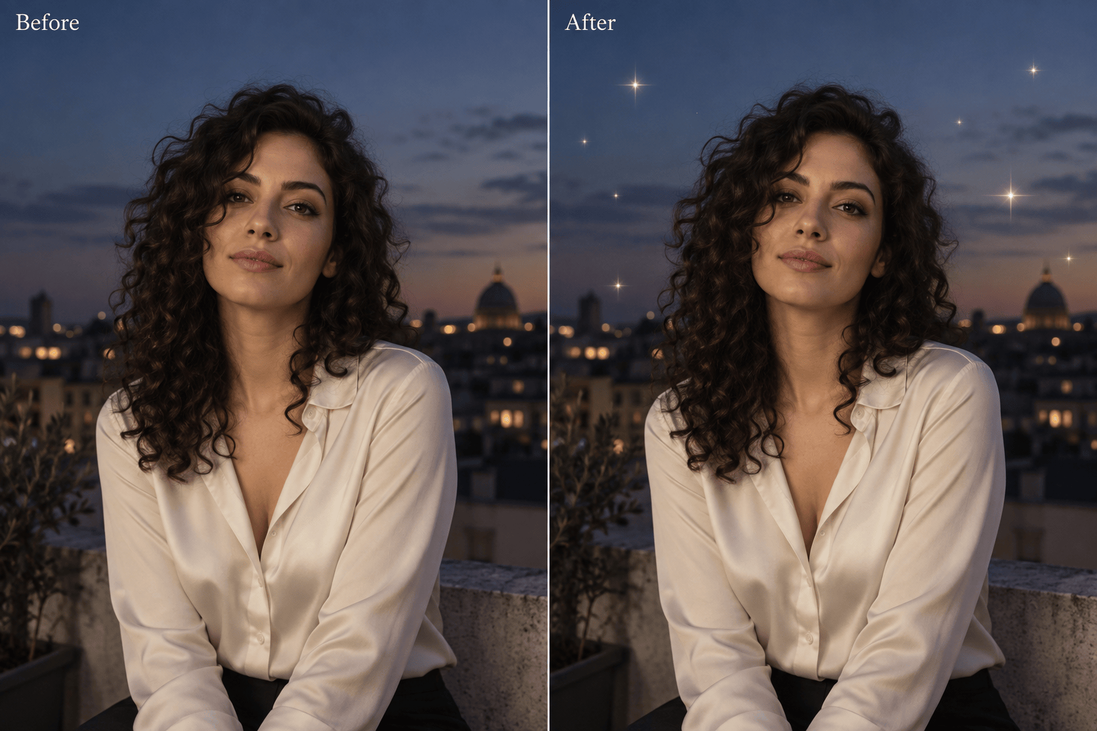 Portrait before and after added sparkle stars