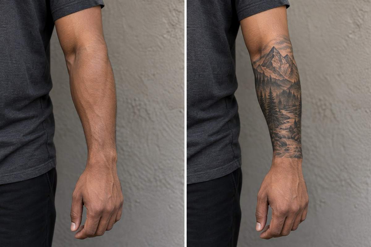 Half sleeve tattoo before and after