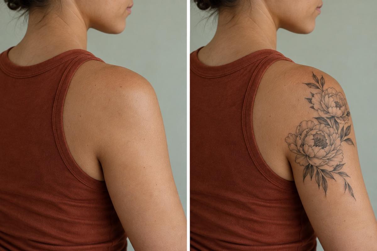 Floral shoulder tattoo before and after