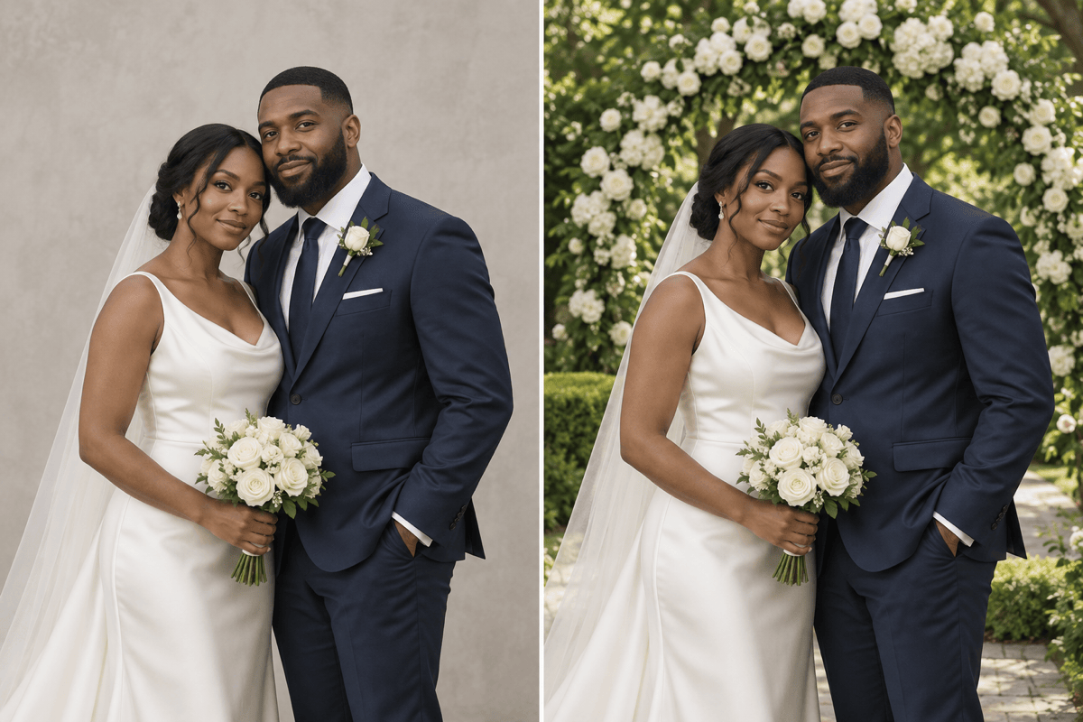 Garden wedding background before and after