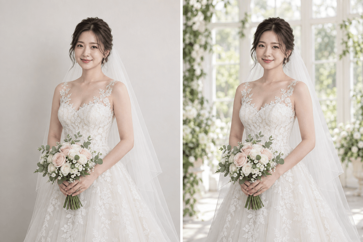 Bridal veil background before and after