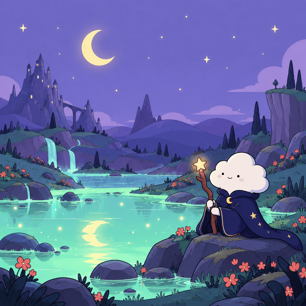 Adventure Time-inspired cloud wizard scene