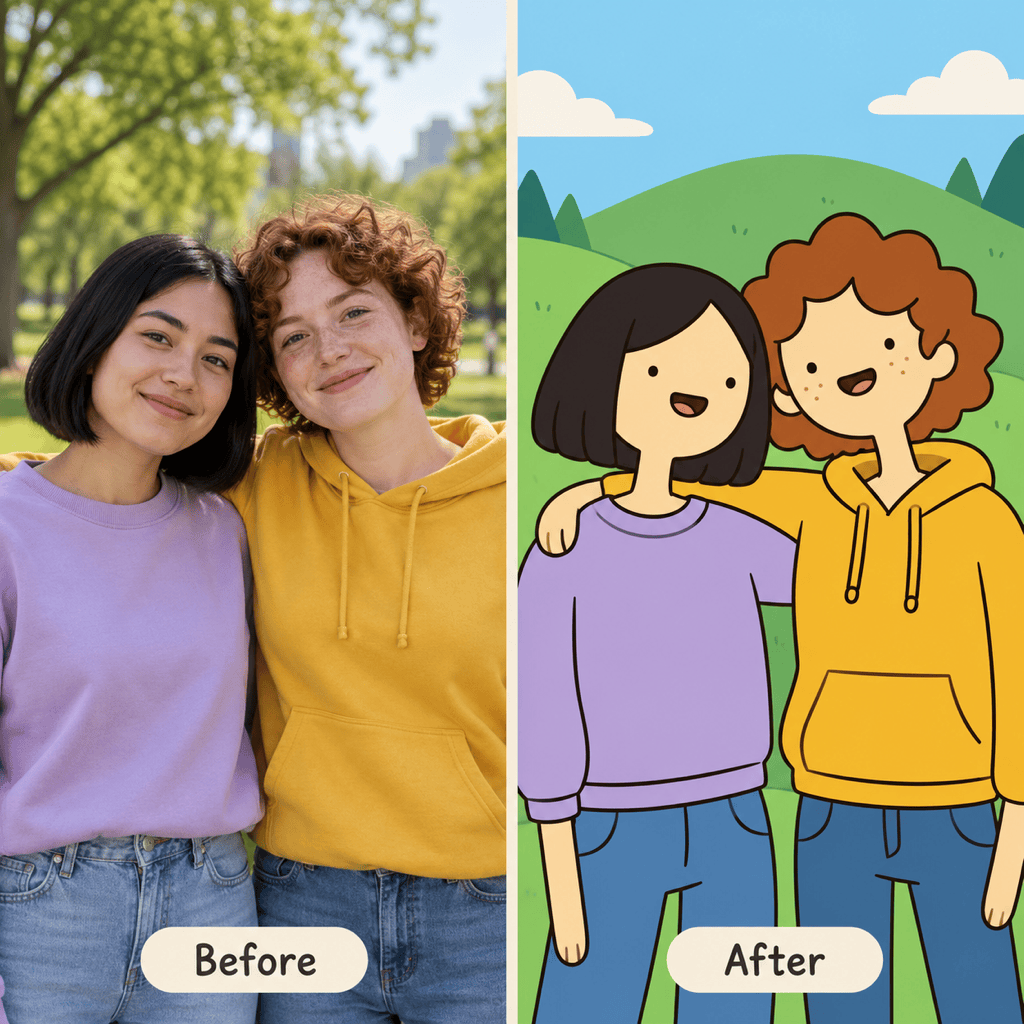 Friends in Adventure Time-inspired cartoon style