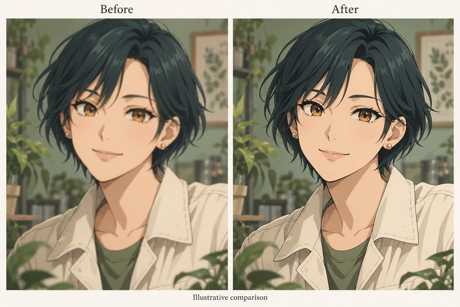 Illustrative anime portrait enhancement comparison