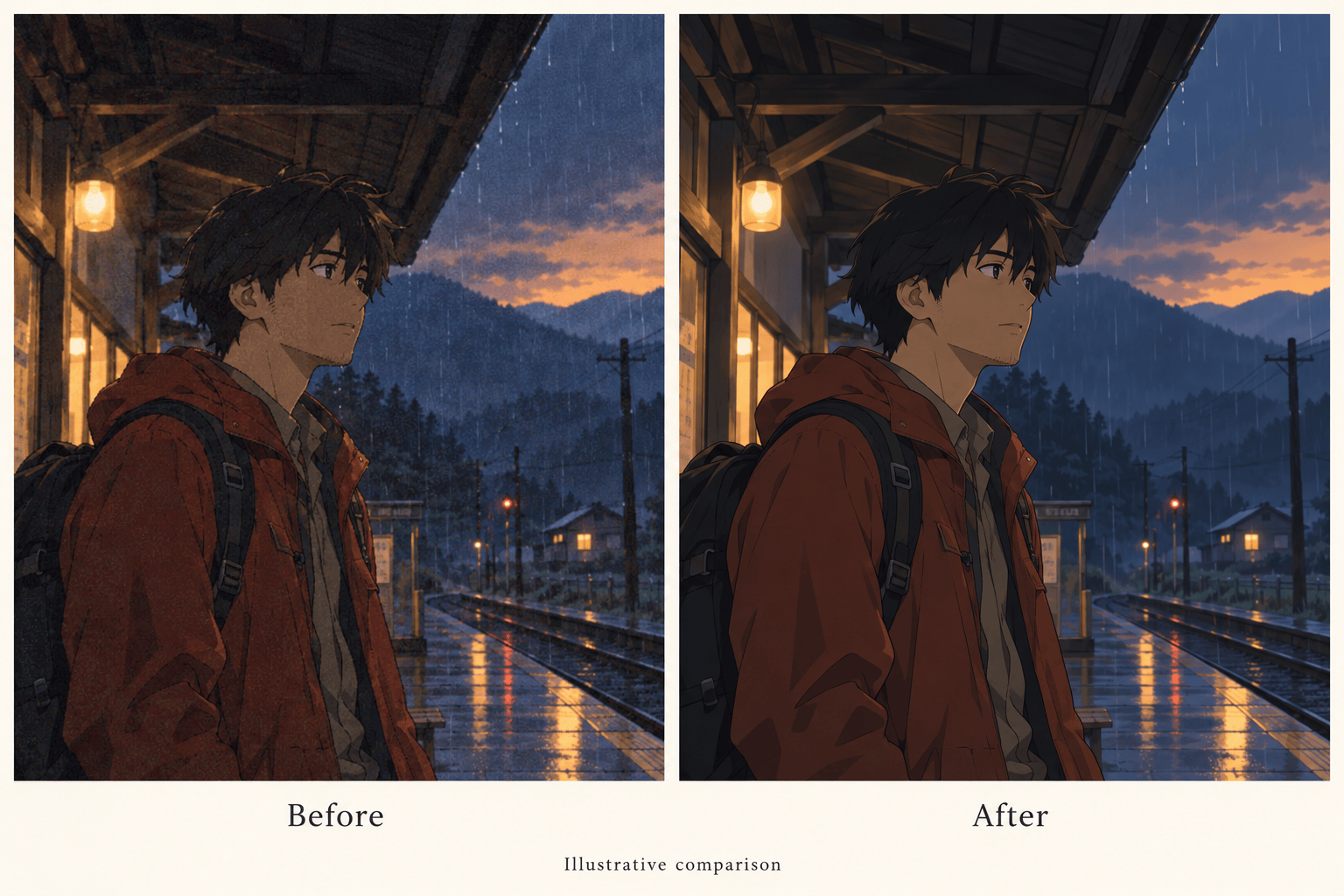 Illustrative anime screenshot cleanup comparison