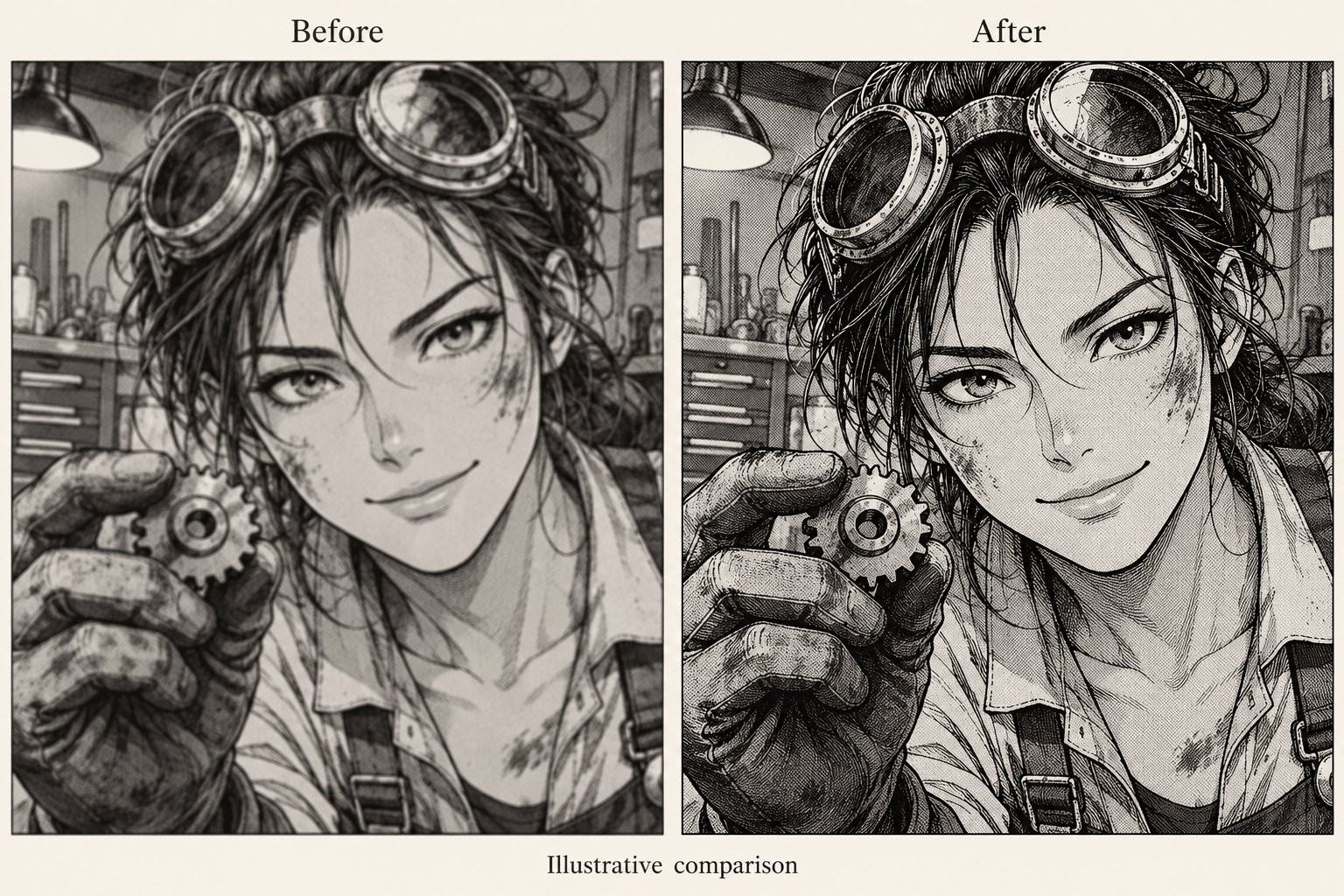 Illustrative manga line art enhancement comparison