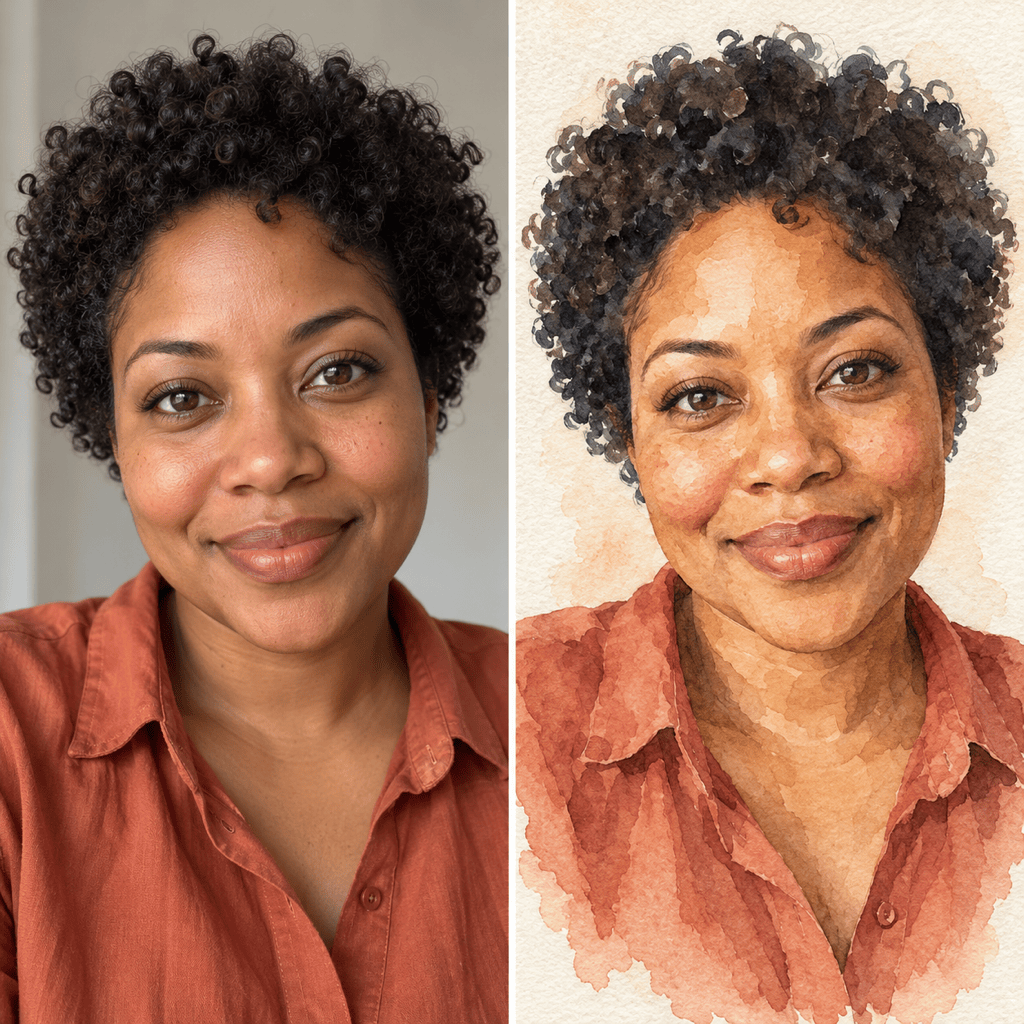 Selfie to watercolor art comparison