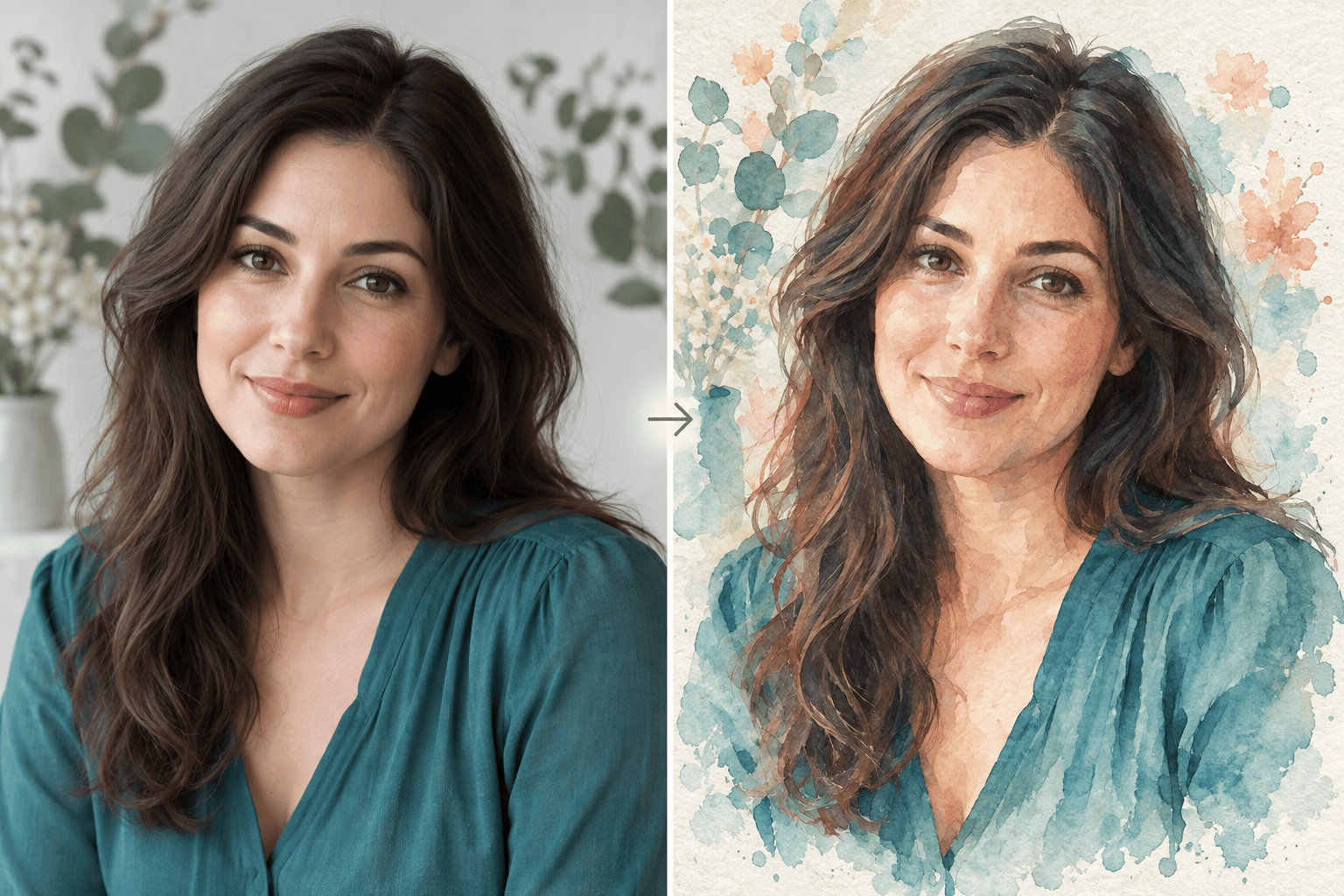 Portrait before and watercolor after